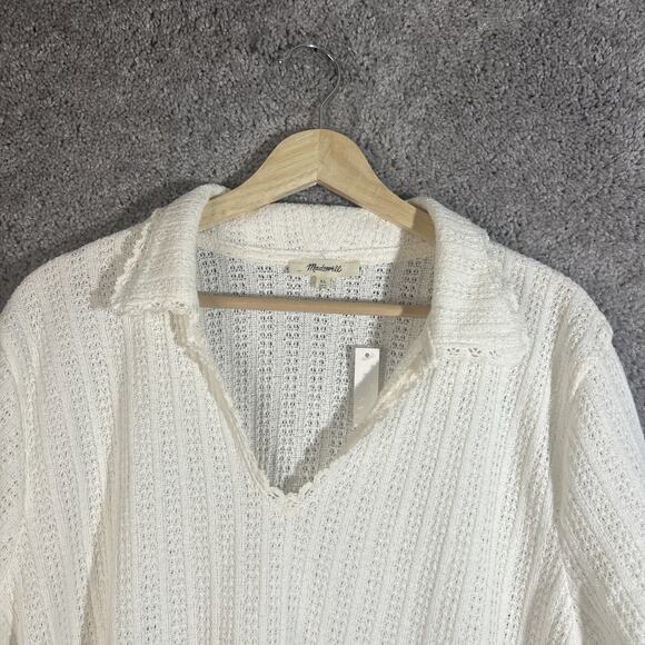 Madewell Womens XL Ivory Crochet Sweater Collared V-Neck Short Sleeve Retro Boho - Picture 5 of 12